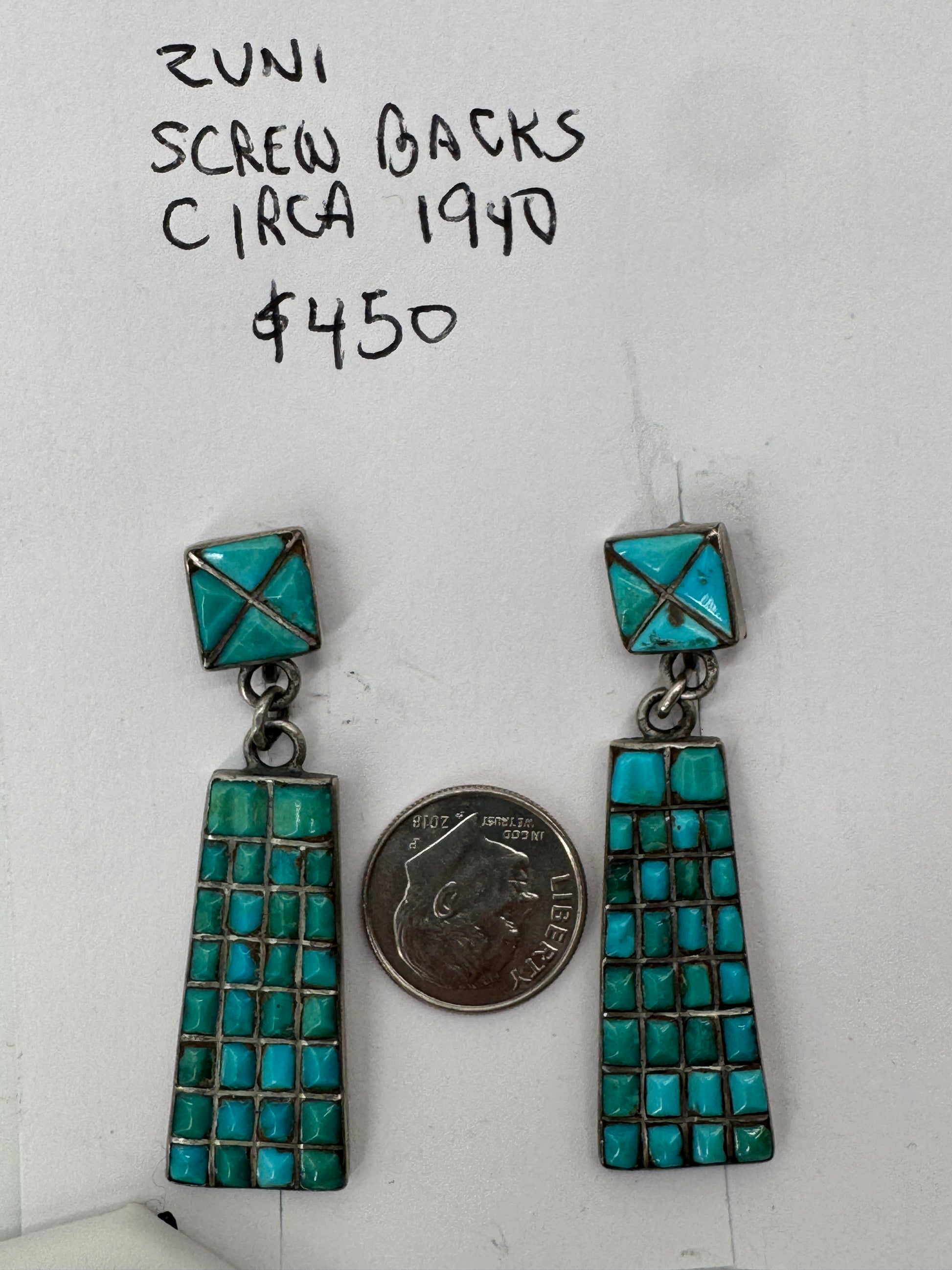 Zuni Screwback Earrings- Silver and Turquoise circa 1940